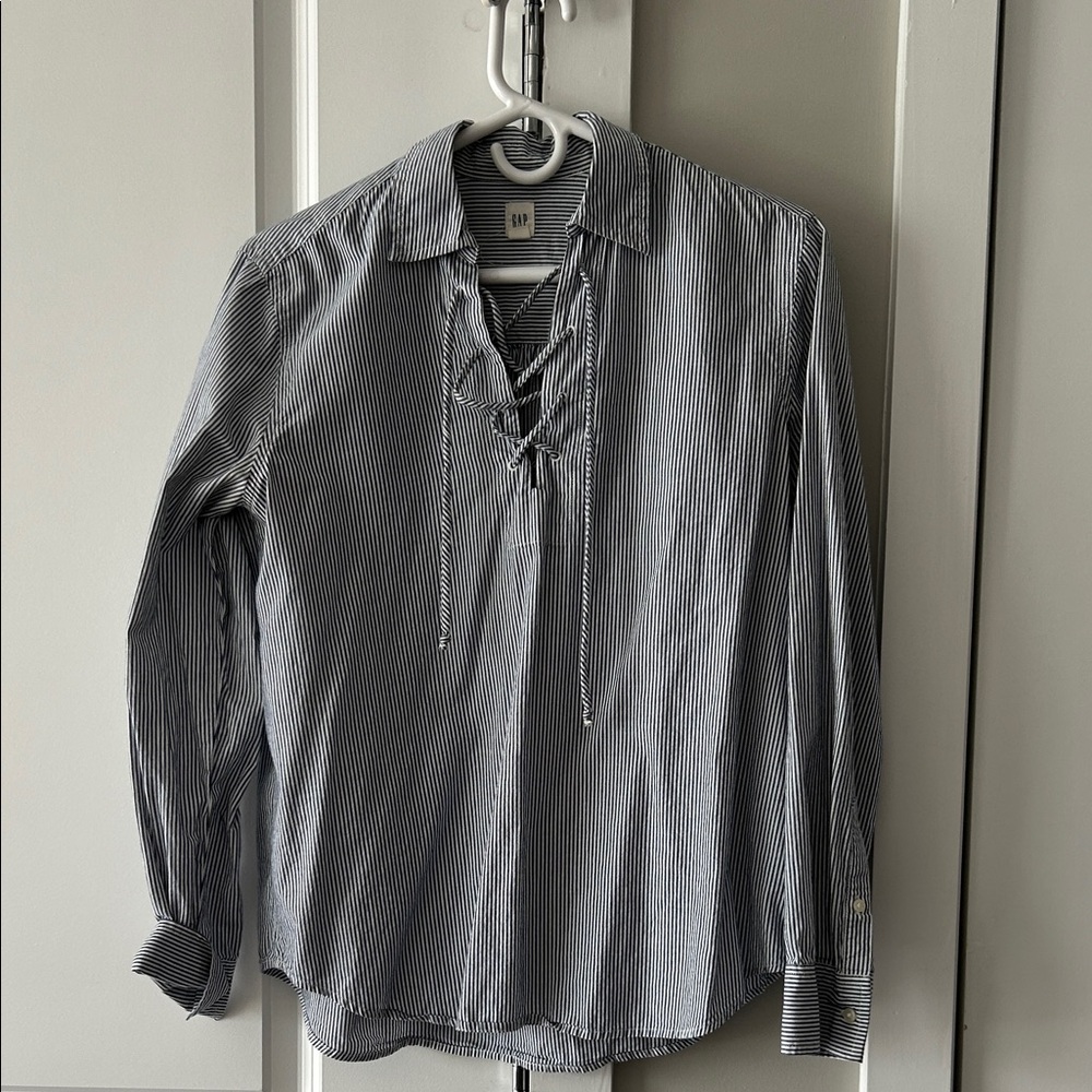 GAP Navy and White Striped Lace-Up Shirt